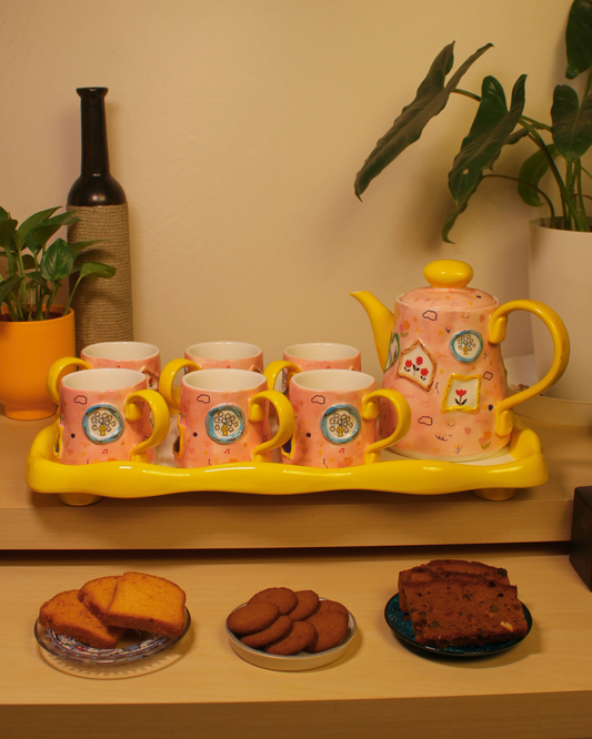 The Blush & Bow Ceramic Tea Set - 6 Cups with Ceramic Tray